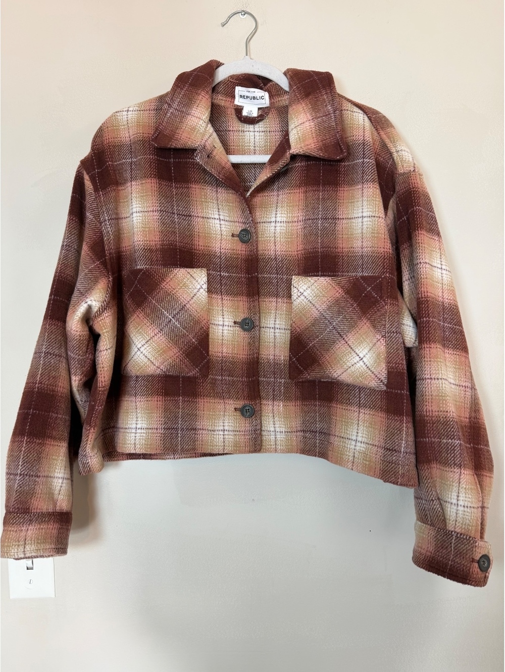 For The Republic Women's Large Plaid Button-Up Crop Jacket in Brown and Beige